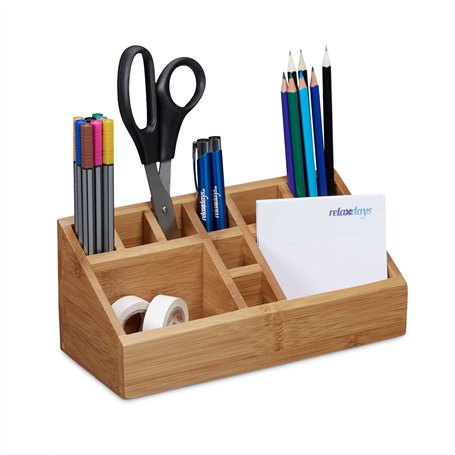 Relaxdays 10020248 Organiseur de bureau bambou 10 compartiments distributeur fournitures bureau HxlxP: 10 x 23 x 10 cm