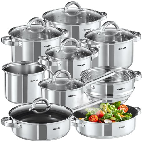 tectake® Set de casseroles & Poele Inox 15 pcs