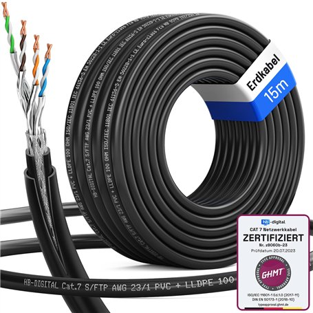 HB-DIGITAL Câble réseau d'extérieur CAT 7 de 15 m pour pose directe à la terre S/FTP AWG23/1 en cuivre pur - Double gaine en PVC