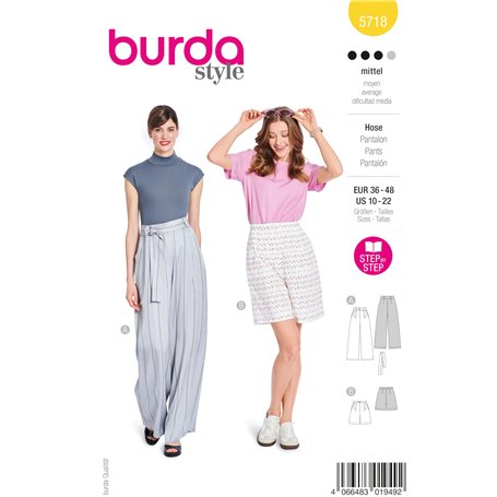 Burda style 5718 Patron de couture pour femme Pantalon Marlène avec poches passepoilées et short avec poches profondes Taille 36