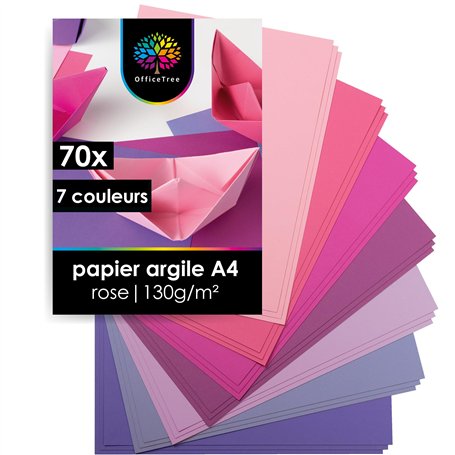 OfficeTree 70x Feuilles Papier Rose A4 130g - 7 Couleurs - Pour Bricoler