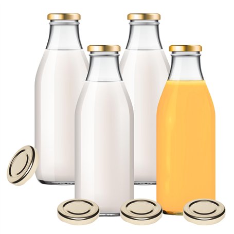 Viva Lot de 4 bouteilles en verre avec 8 couvercles Doré 1000 ml Avec étiquettes