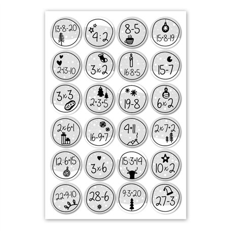 24 numéros de calendrier de l'Avent autocollants avec problèmes arithmétiques I rond Ø 4 cm I set d'autocollants bricolage I aut