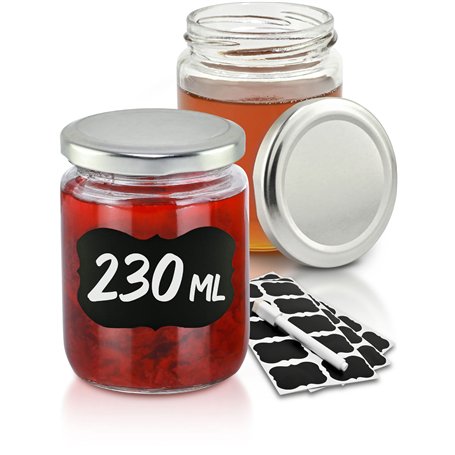 Praknu 25 Pots à Confiture de 230ml - Avec Étiquettes et Marqueur - Hermétique - Lavable au Lave-vaisselle - Idéal comme Cadeau
