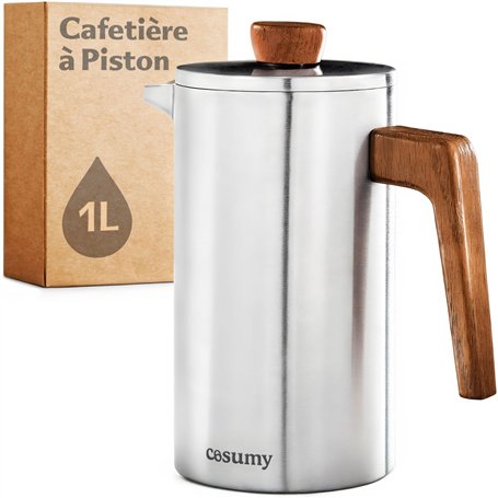 Cosumy Cafetière à Piston Inox 1l pour 5 Tasses - Double Paroi Isolante - Garde le café chaud - Acier Inoxydable et Bois de chên