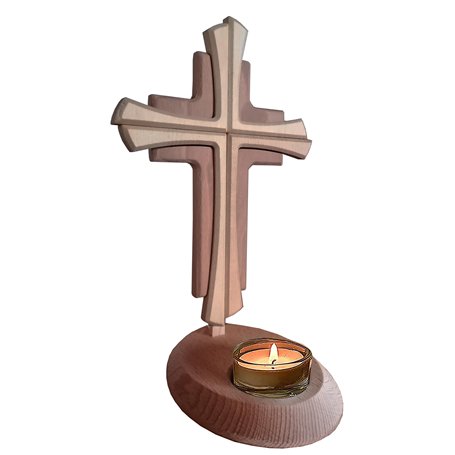 Kaltner Präsente Idée cadeau – Croix crucifix en bois de hêtre véritable avec bougie chauffe-plat 25 cm moderne