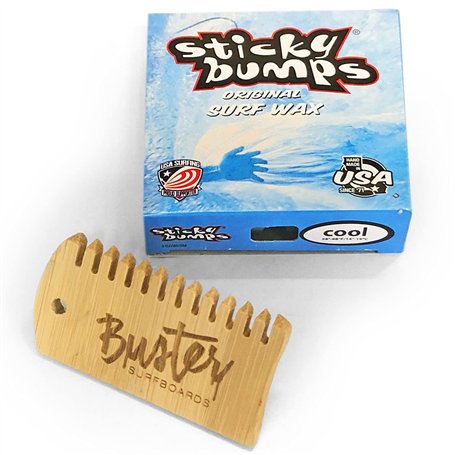 Buster Surfboards Sticky Bumps Kit de cire pour planche de surf avec manche en bambou et peigne de surf antidérapant Température