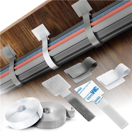 Lot de 40 attaches de câble auto-adhésives avec 2 rouleaux de sangles d'extension – Organisateur de cordons à dos adhésif pour l