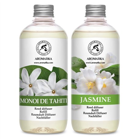 Recharges Diffuseur Roseaux de Monoï de Tahiti & Jasmin - 2 x 500 ml - Parfum Ambiance - Desodorisant Maison - Diffuseur de Parf