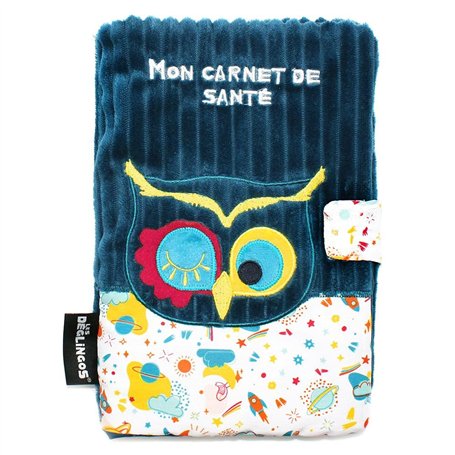 LES DEGLINGOS - Protège carnet de santé Astros le Hibou - Bleu - Fermeture en velcro - Ludique - Cadeau enfant et bébé - Tissu d