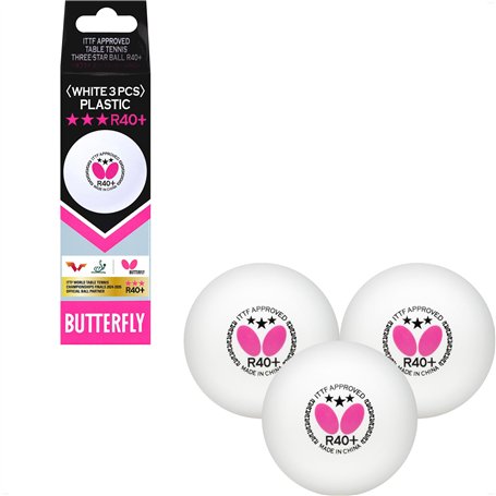 Butterfly Balles de ping-Pong 3 étoiles R40+ | Balles de ping-Pong Professionnelles Premium Blanches (Paquet de 3) | Balles de p