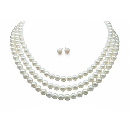 trois brins elena perle d'un blanc naturel collier de culture d'eau douce 7-8mm avec fermoir coulissant