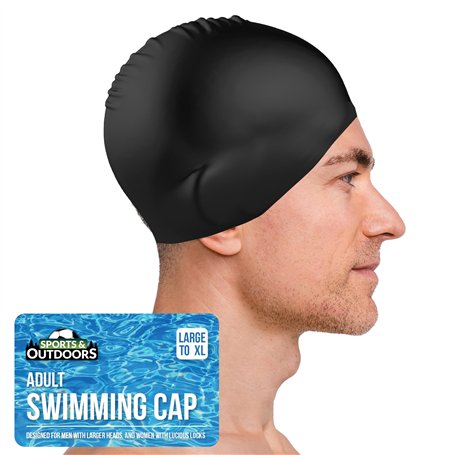 SOL 1 bonnet de bain XL noir en silicone imperméable pour homme et femme avec une tête plus grande