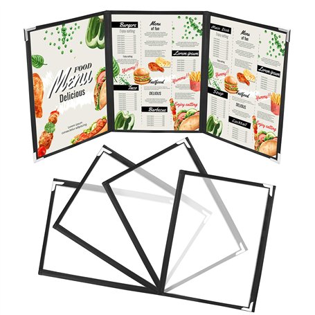 Kurtzy Carte Restaurant A4 Trois Volets (Lot de 5) - Porte Menu Restaurant Double Affichage Style Américain - Protège Menu Noir
