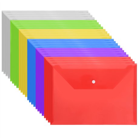 Belle Vous Lot de 24 Pochette Plastique A4 Colorée - Avec Bouton Fermoir et Porte Carte - Pochette Rangement Maison