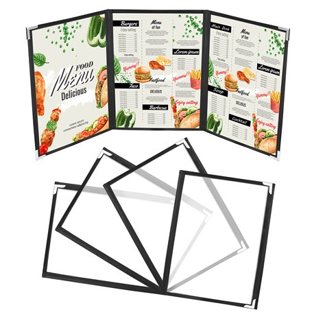 Kurtzy Lot de 5 Protege Menu A5 Trois Volets - Porte Menu Restaurant Double Affichage Style Américain - Protège Menu Noir Protec