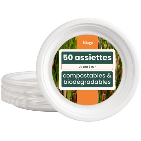 HAAGO 50 Assiettes de Canne à Sucre Jetables (26cm) - Grandes Assiettes pour Fêtes - Solide