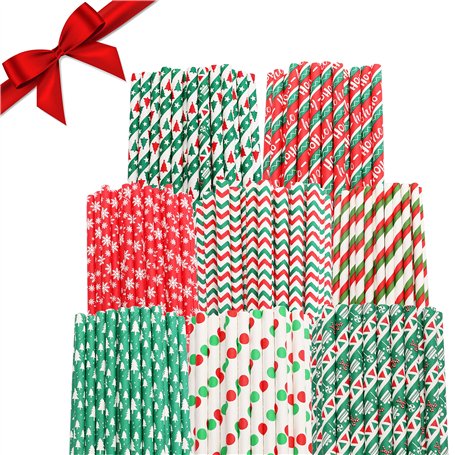 Paille Papier Noel (200 Pcs) - Paille Decorative Biodegradables 2 Couleurs Thème de Noel avec 8 Designs Différents - Paille a Bo