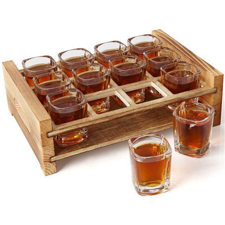 BELLE VOUS 12 Verres à Shot avec Plateau de Service en Bois Brûlé - 60 ml - Verre Shooter Transparent Base Solide - Porte Verre
