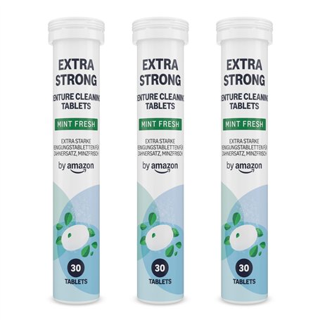 by Amazon Pastilles Nettoyantes Extra Fortes pour Prothèses Dentaires - Lot de 3 Boîtes de 30 Pastilles