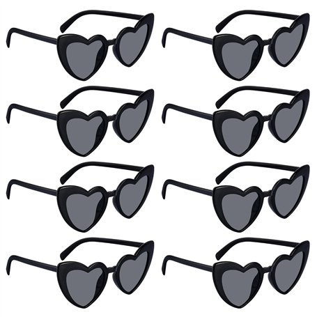 Lot de 8 paires de lunettes de soleil rétro en forme de cœur - Noires - En forme de cœur - Style hippie des années 90 - Avec pro