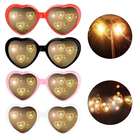 WOKICOR Heart Effect Lot de 4 paires de lunettes à effet spécial 3D - Lunettes de flexion avec effet cœur - Lunettes de rave - L