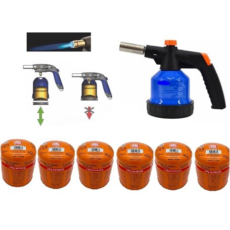 SMH LINE® Brûleur à gaz avec 6 cartouches perçables de 190 g - Chalumeau à souder - Allume-gaz Bunsen - Embout brûleur à gaz ave