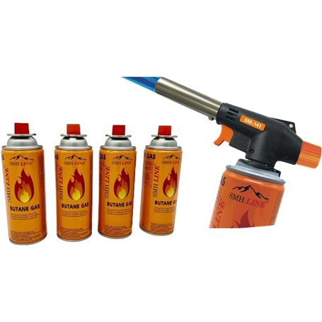 SMH LINE® Chalumeau avec + 4 cartouches de gaz butane - Brûleur à souder cartouches Chalumeau de Cuisine au Butane Rechargeable