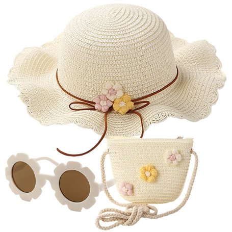 Chapeau De Soleil Et Sac en Tricot De Paille 3 Pièces