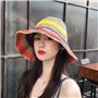 jiheousty Femmes Été À La Main Crochet Paille Chapeau De Soleil Arc-en-Ciel Rayures Colorées Patchwork Large Bord Crème Solaire 