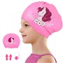 Bonnet de Bain Enfant Licorne en Silicone Bonnet Natation Imperméable Bonnet Piscine pour Fille Cheveux Longs avec Bouchons d'or