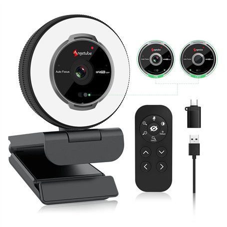 Angetube Streaming Webcam avec microphone - 1080P 60FPS USB WebCam avec lumière circulaire et télécommande - Caméra Web HD avec