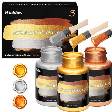 Wadities Peinture Arylique Métallique Or & Argent & Bronze 375ml