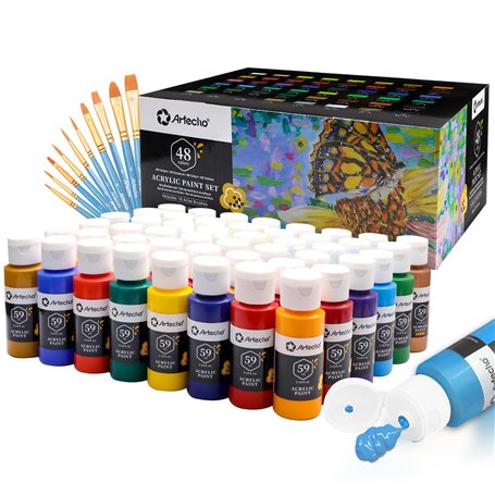 Artecho Ensemble de peinture acrylique 48 couleurs de 59 ml avec 10 pinceaux