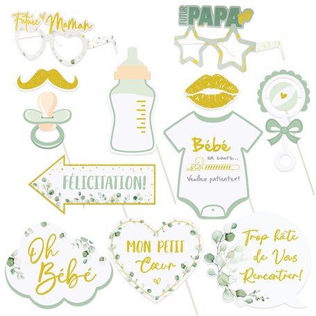 12PCS Baby Shower Photo Booth Props en Français Décorations Baby Shower pour Fête de Naissance Fille Garçon Anniversaire Accesso