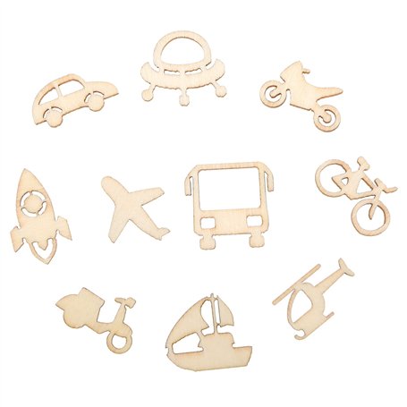 Create idea 100pcs Embellissements Bois Thème des Transports Fusée Avion Vélo Copeaux de Bois Tranches de Bois Décoratives pour