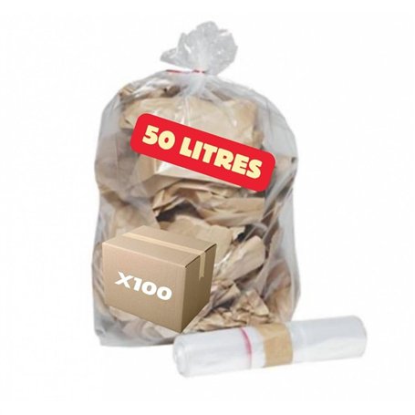 SANYGIENE | Sac Poubelle Transparent 50l PE recyclé | Lot de 100 Sacs 50 Litres (2 Rouleaux de 50 Sacs) | Solide (14µ) - Etanche