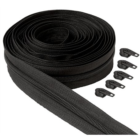 IPEA Fermeture éclair Noire Chaîne Continue de 5 Mètres + 15 Curseurs en Métal – Chaîne Mesure #5 – Made in Italy – Charnières e