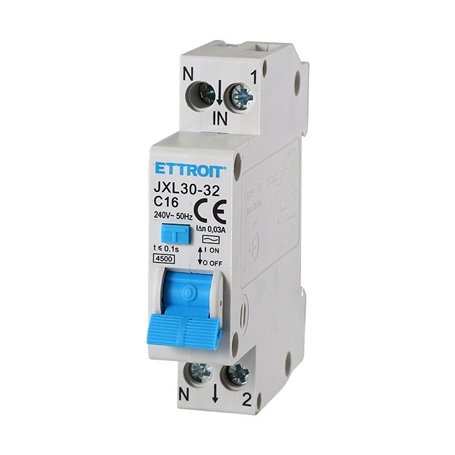Ixtrima Interrupteur magnétothermique différentiel 1P+N 16A 30mA 220V-4.5kA RCBO 1 module DIN C16