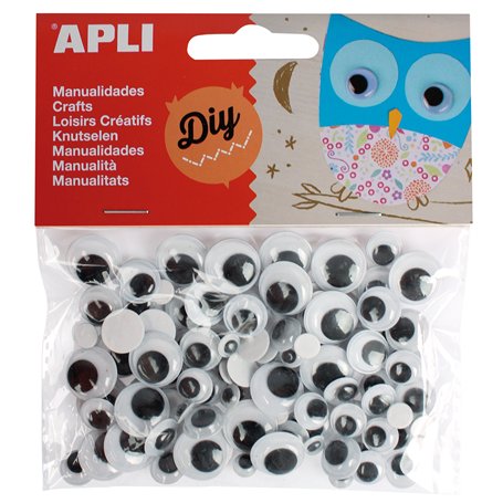 Apli kids 013263 Sachet de 100 Yeux Mobiles Adhésifs Ronds sans Cils tailles Assorties