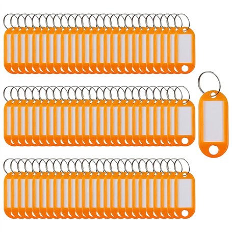 Lot de 100 étiquettes porte-clés en plastique avec anneau fendu Orange
