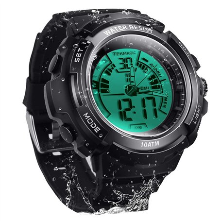 Montre de plongée 10 ATM numérique submersible 100 m - Résistante à l'eau - écran lumineux LCD avec fonction chronomètre et alar