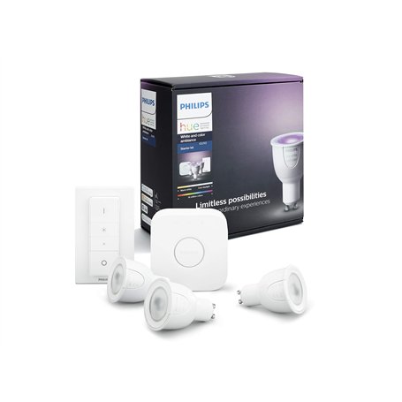 Philips Hue Kit de démarrage 3 ampoules White & Color GU10 + pont de connexion + télécommande Hue incluse (Nouveau)