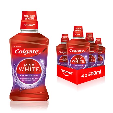 Colgate Max White Purple Reveal Lot de 4 flacons de rinçage buccal de 500 ml – Notre pouvoir violet pour des dents plus blanches