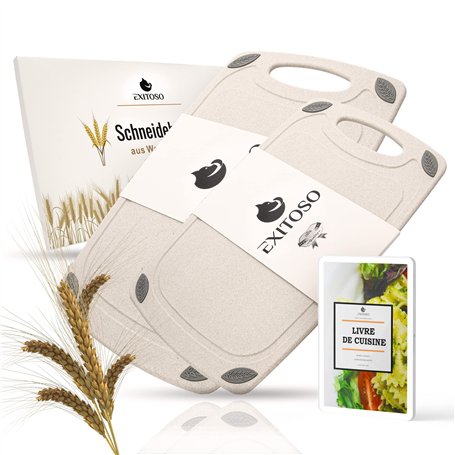 Exitoso Lot de 2 Planches à découper en Paille de Blé Beiges - Planche à decouper Cuisine Légere - Poignée Facile à Saisir & Rai