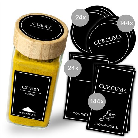 COMFORDER Set de 336 Etiquettes Autocollantes pour Épices : 168 Rectangulaires + 168 Rondes