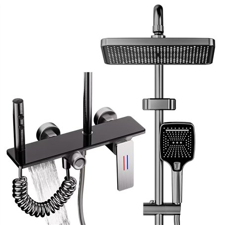 Colonne de Douche Noir avec Mitigeur - Colonne Douche Réglable en Hauteur 4 Modes