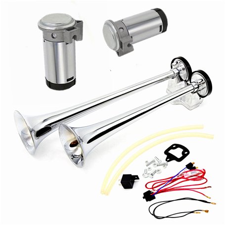 YIYDA Klaxon à air Car Horn 165DB klaxon de voiture haut et bas 24V double tube trompette klaxon de camion argent chromé zinc av