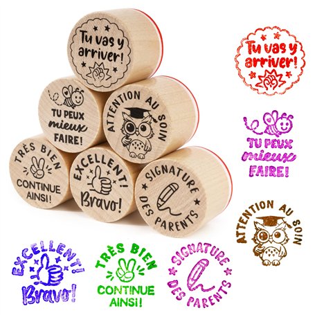 6PCS Tampons Bois En Caoutchouc pour Enseignants Tampons Récompense Motivation Phrase Appréciations Encouragement Cadeau pour Fê