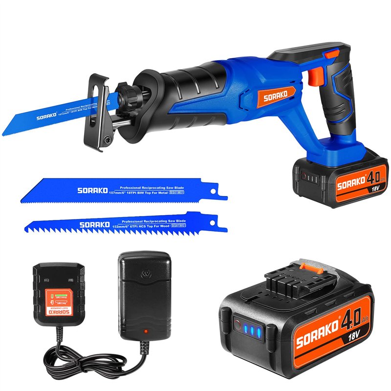 Scie Sabre Sans Fil Avec Batterie Scie Sabre Sans Fil 18V, SORAKO Scie Sabre à Batterie 4,0Ah, Scie Scie Electrique Bois